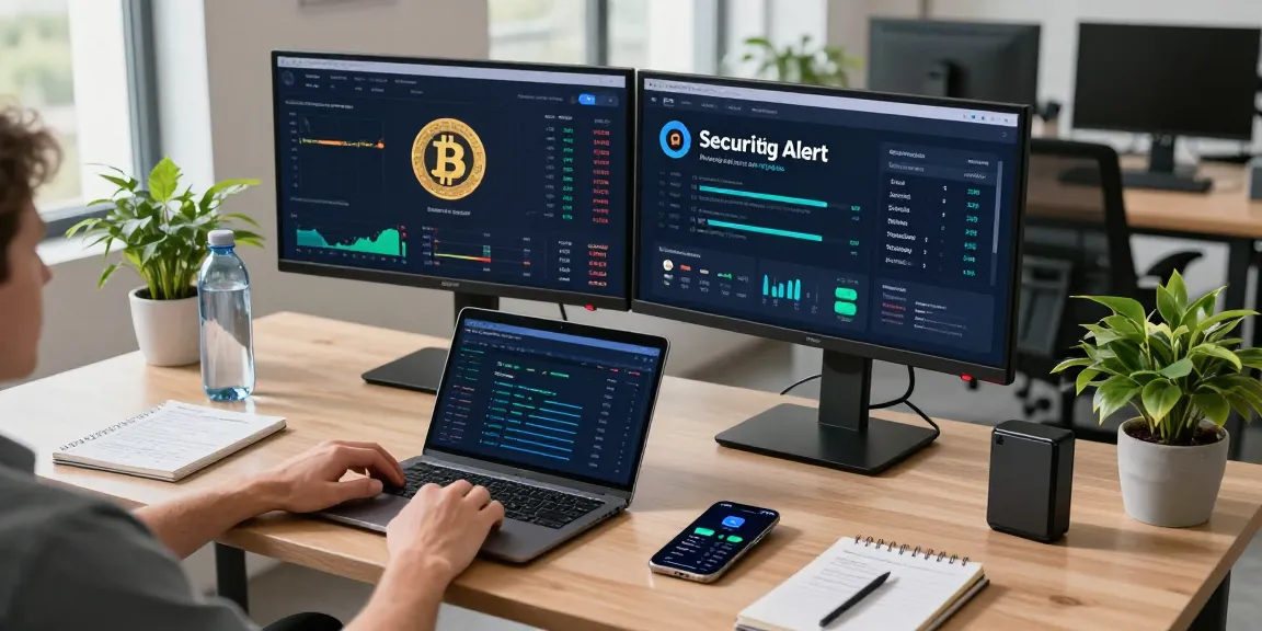 Safe cloud mining service analysis in a professional cryptocurrency workspace with monitors displaying blockchain data and performance metrics.