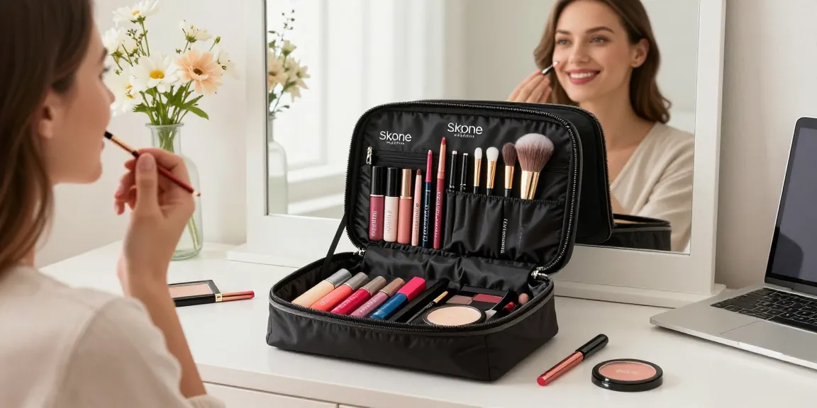 Skone cosmetics signature makeup bag elegantly displayed with vibrant makeup essentials in a chic vanity setting.
