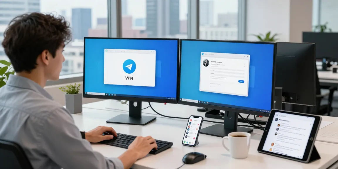 Dynamic tech workspace featuring a professional accessing the telegram china working app with modern devices.