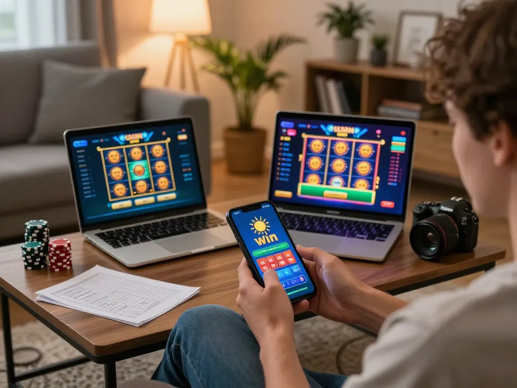Engaged in online gaming, user experiences sun win on smartphone with vibrant slot graphics.