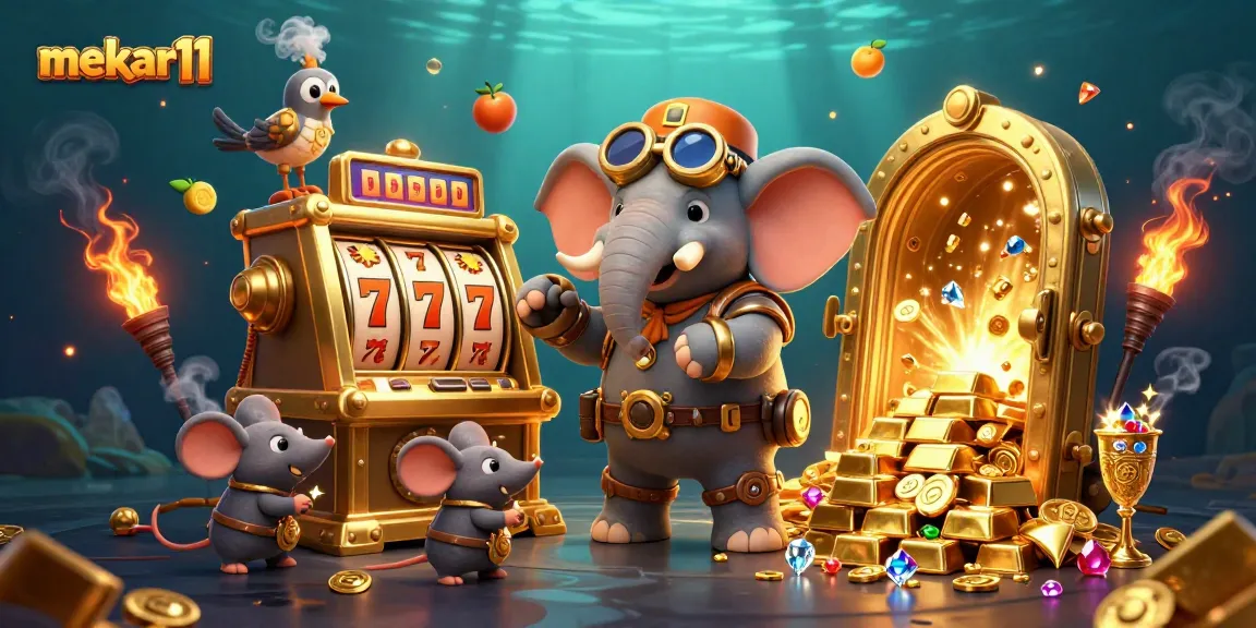 Mekar11 players spin the golden slot machine while gold, gems, and joy scatter around in excitement.
