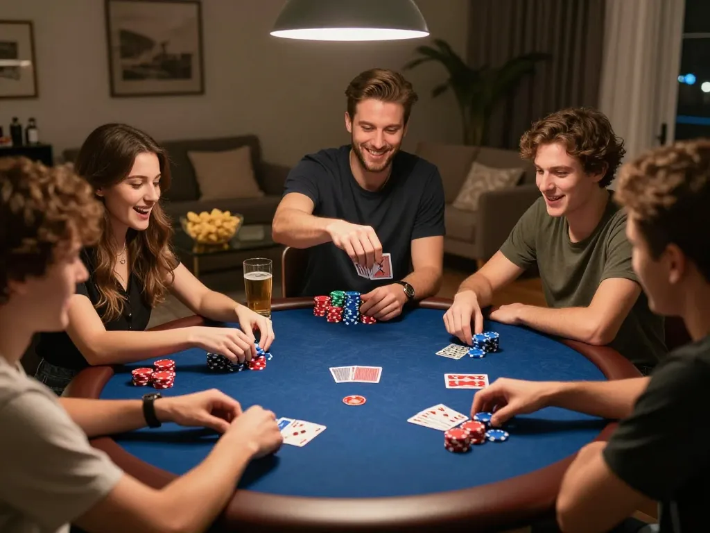 Friends engaging in a lively poker game at home, showcasing a winning moment with hay88x.