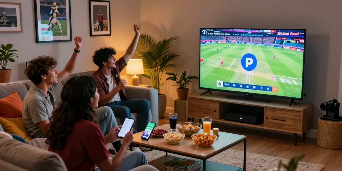 Friends enjoying a cricket match on Pikashow app, snacks and drinks present