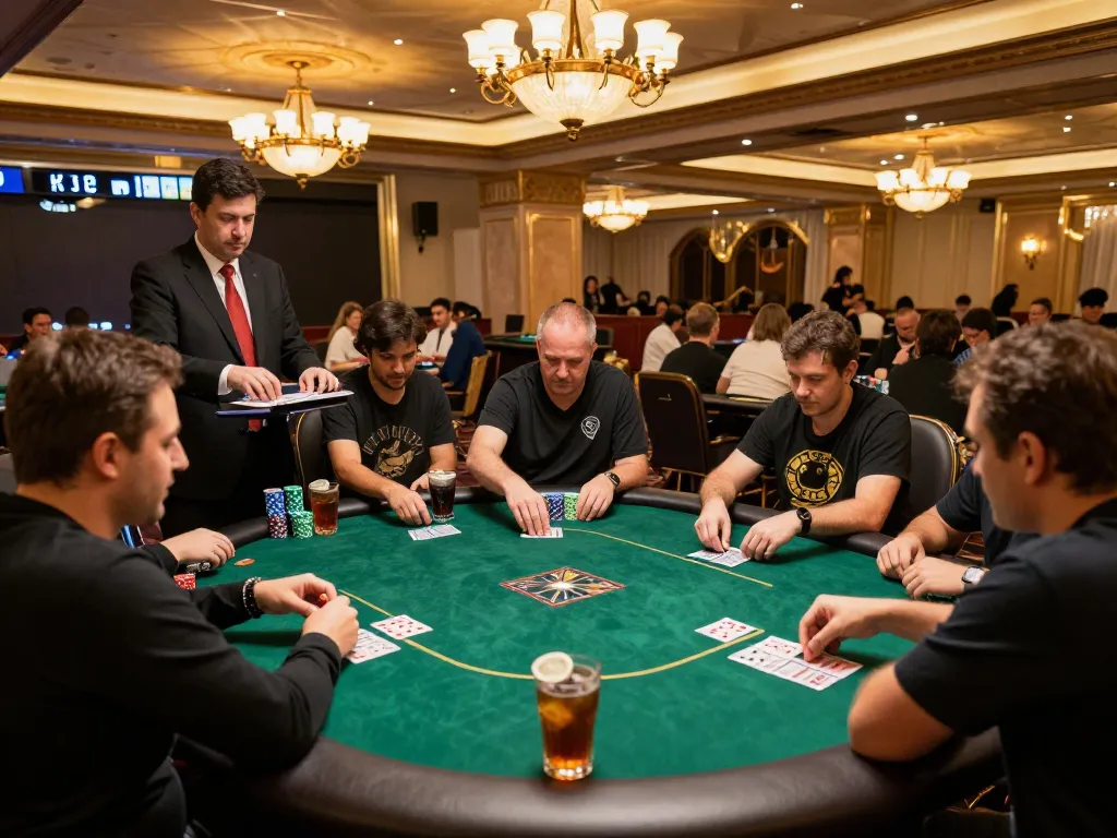 KJC casino players engaged in poker strategy at illuminated tables during a vibrant tournament