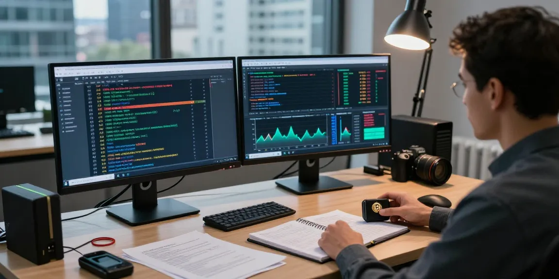 Investigator analyzing suspicious cryptocurrency transactions to recover stolen cryptocurrency in a high-tech workspace.