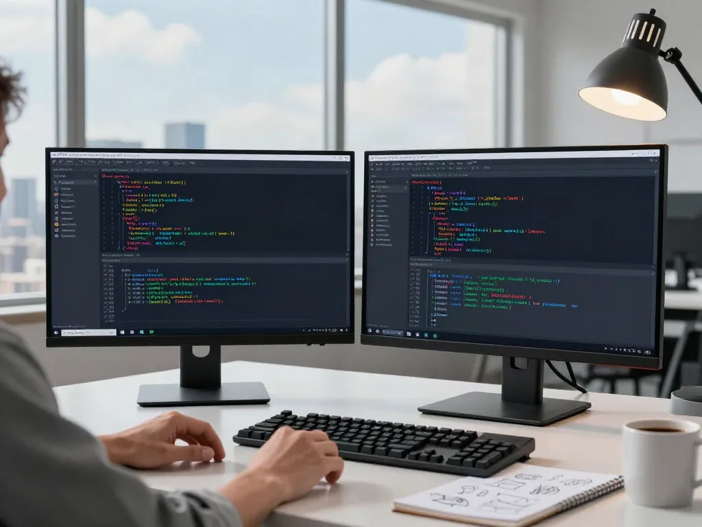 v2rayN官网 software developer in a modern workspace coding on dual monitors with city view.