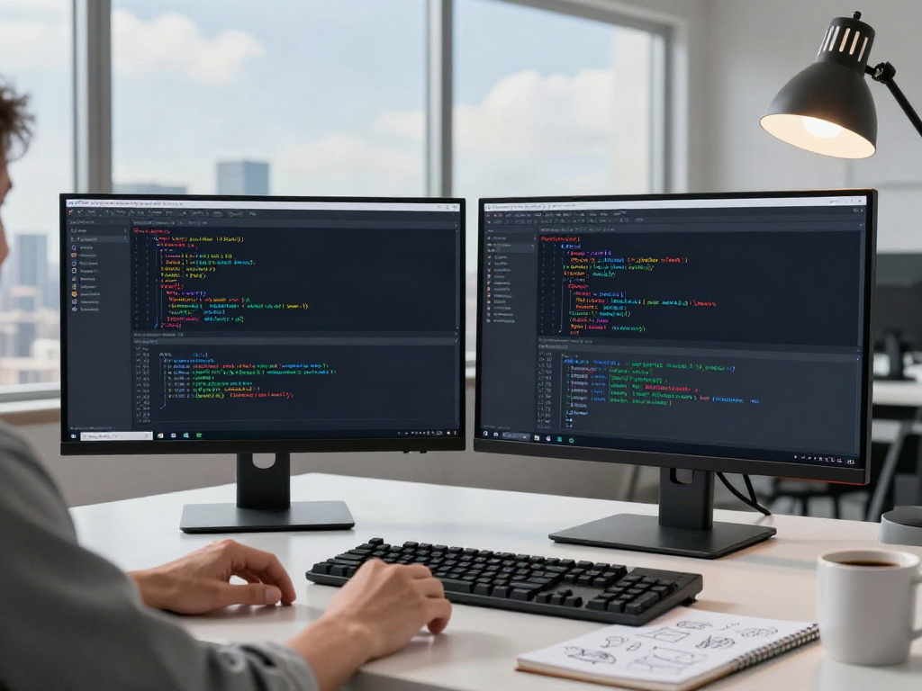 v2rayN官网 software developer in a modern workspace coding on dual monitors with city view.