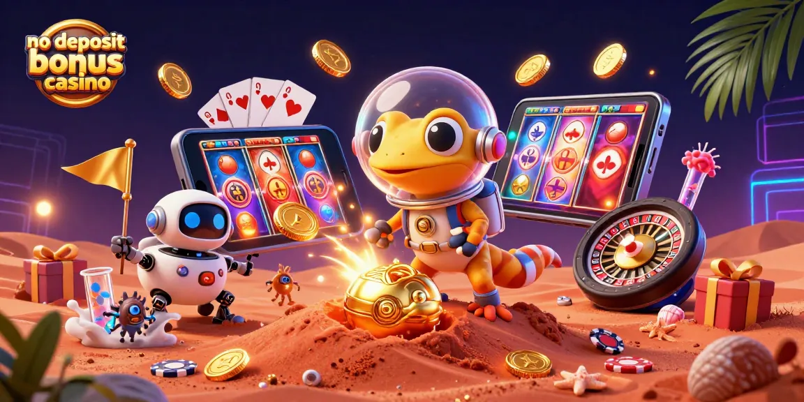 A Martian gecko in a bubble helmet explores a golden casino, emphasizing no deposit bonus casino excitement.