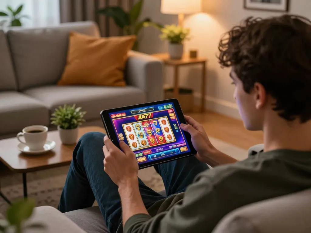 Play exciting jus77 online slots on a tablet in a cozy home setting.