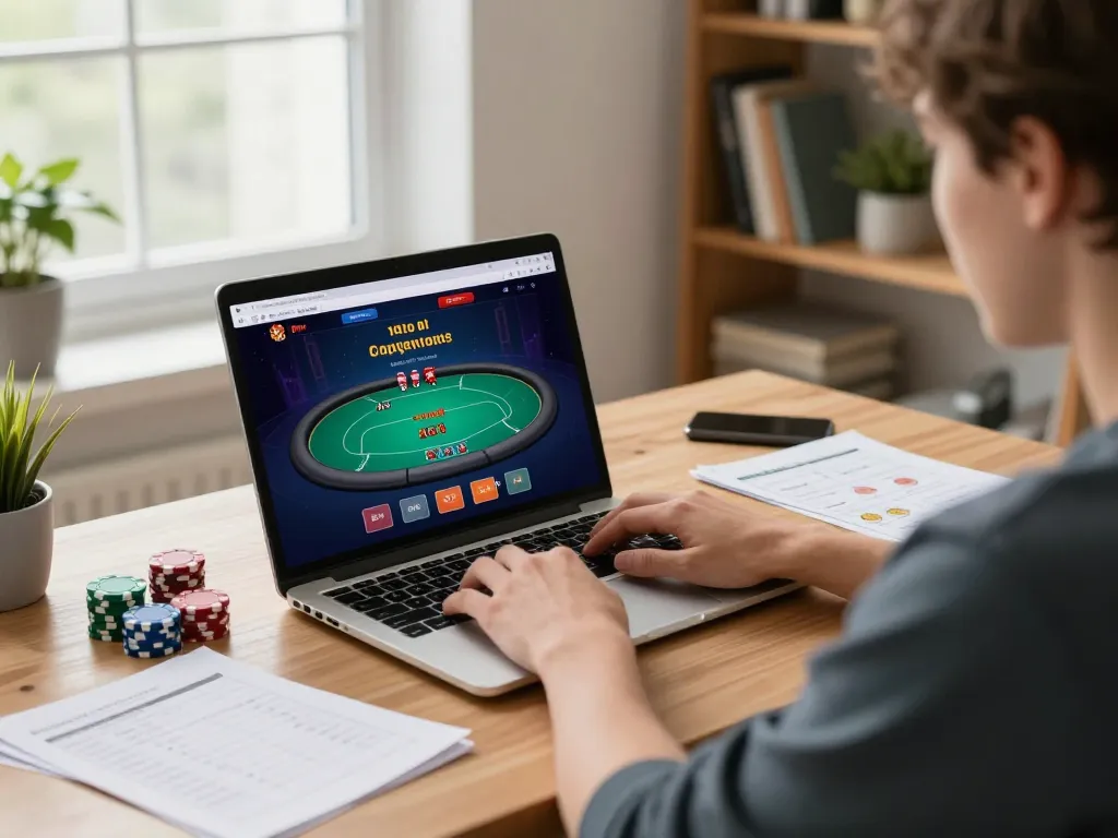 Experience immersive gameplay at Muraibet with a player engaging in an online poker session, chips on the table enhancing strategy.