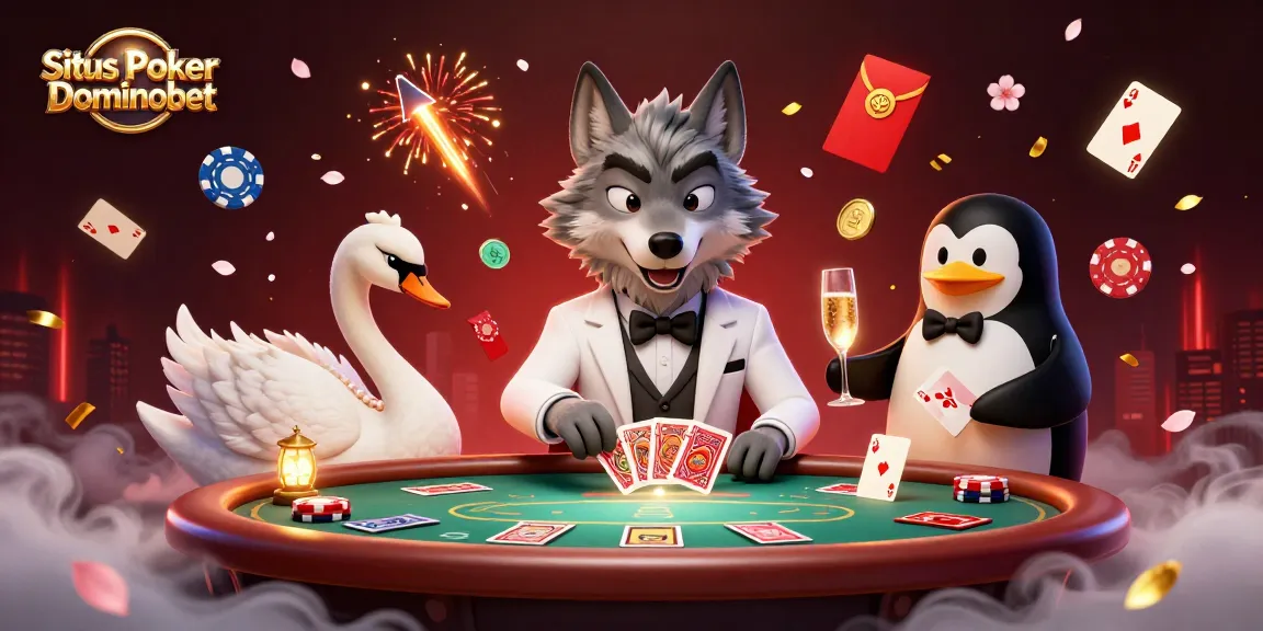 Situs Poker Dominobet showcases a vibrant poker scene with a debonair wolf, elegant swan, and sophisticated penguin, featuring dynamic game elements.