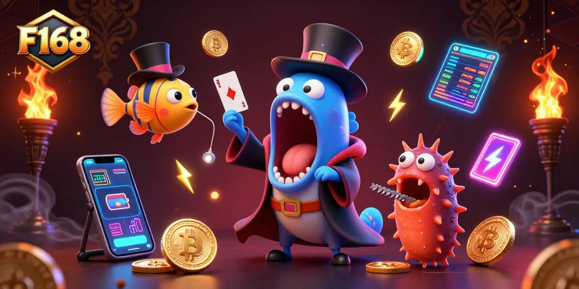 F168 showcases a vibrant 3D scene with a magical eel performing tricks, surrounded by glowing cryptocurrency elements.