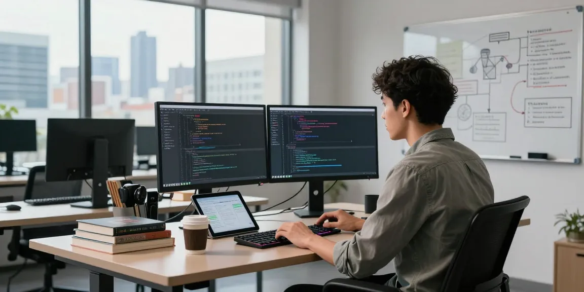 Engineer coding NAGA2000 in a modern tech workspace, showcasing dual monitors, whiteboard, and city skyline.