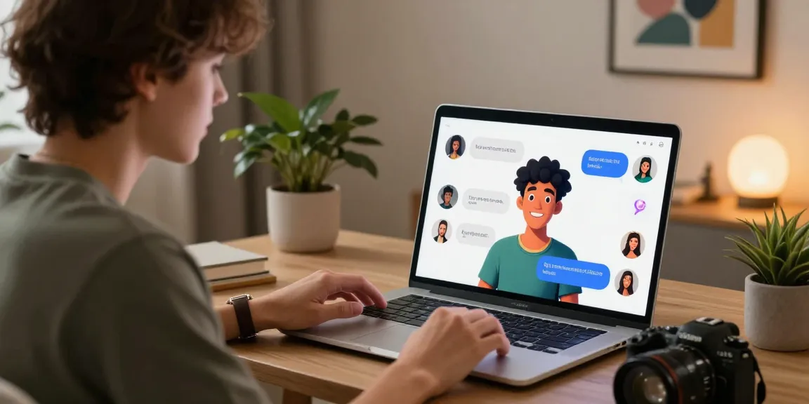 User engaged in ai chat nsfw with a vibrant character on laptop, showcasing interactive digital experience.