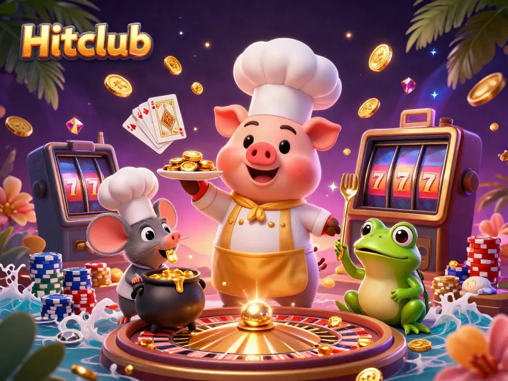 Hitclub chefs presenting gold coins in a vibrant casino scene, showcasing excitement and wealth.