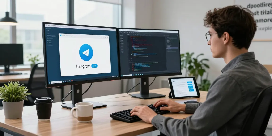 Focused developer showcasing 般飞机中文版 app in a modern workspace with dual screens and coding elements.