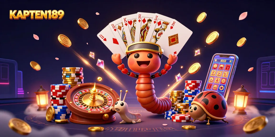 KAPTEN189 menampilkan dealer serangga 3D yang gemerlap dan permainan kasino dengan simbol keberuntungan di tengah keseruan.