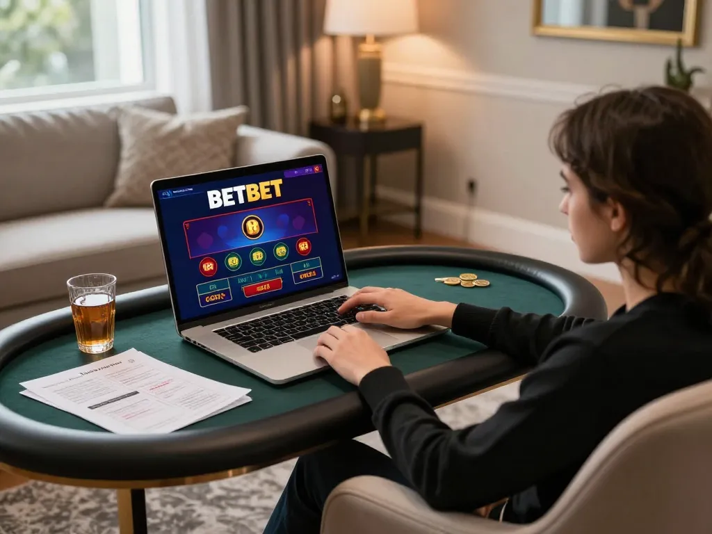 Engaging in online gambling at home with the BETBET platform, showcasing a strategic gaming experience with comfort and elegance.