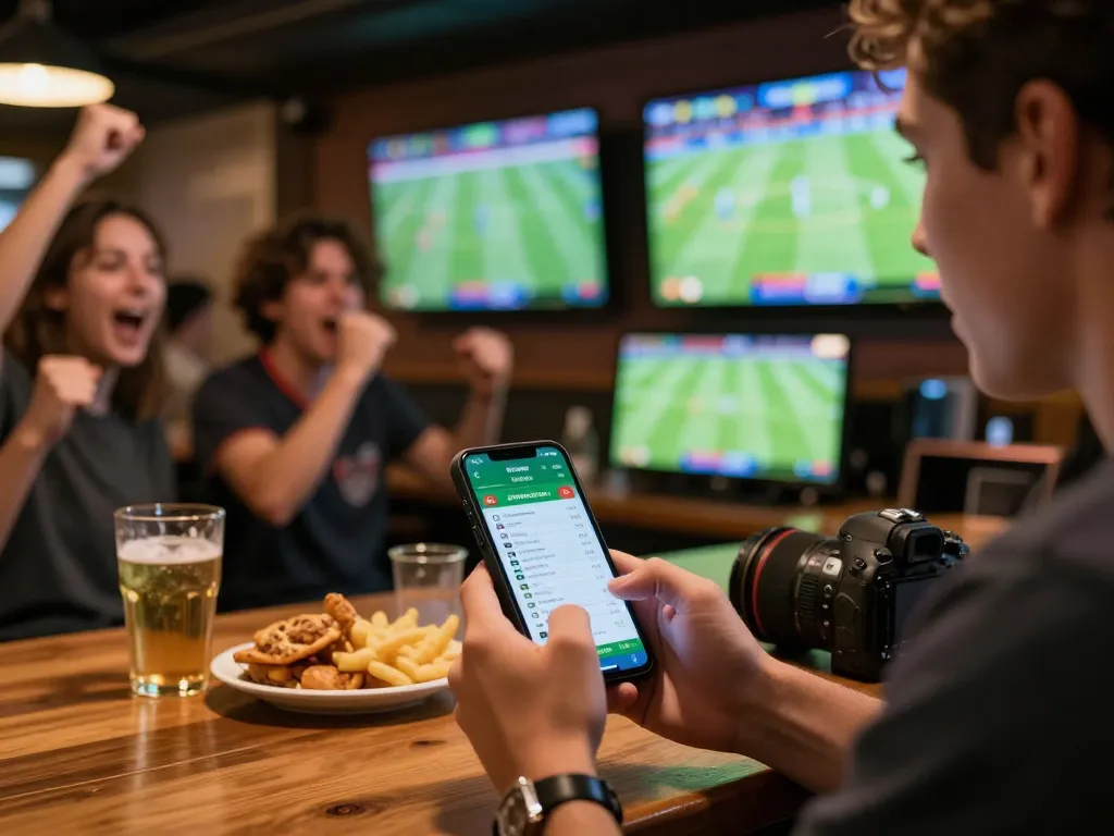 Engaged bettor using luongsontv for live football betting in a bustling sports bar.