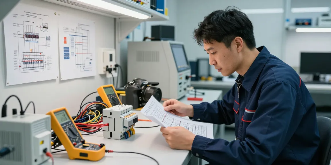 Technician analyzing a DC circuit breaker in a high-tech workshop, showcasing electrical circuit safety.