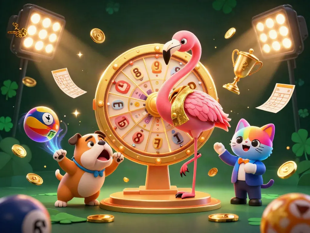 Excited lottery scene featuring situs toto with a flamingo host, bulldog contestant, and cat assistant.
