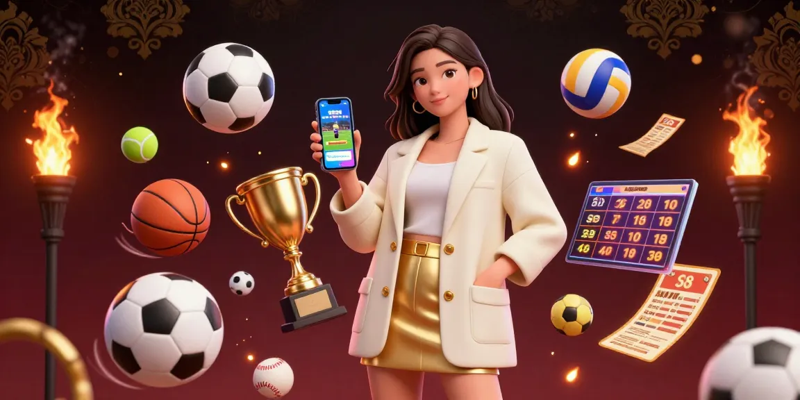 S8 sports betting app on smartphone held by a beautiful Asian woman, dynamic 3D sports elements surround her.
