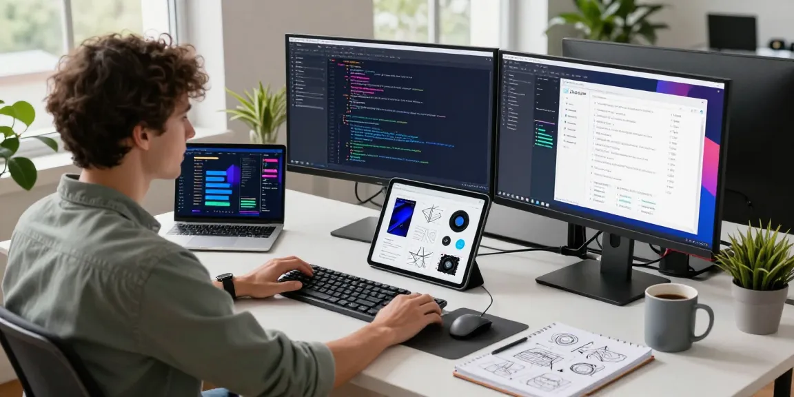 Engaging workspace for software development focusing on 纸飞机中文版 with vibrant coding on dual monitors and tech gadgets.