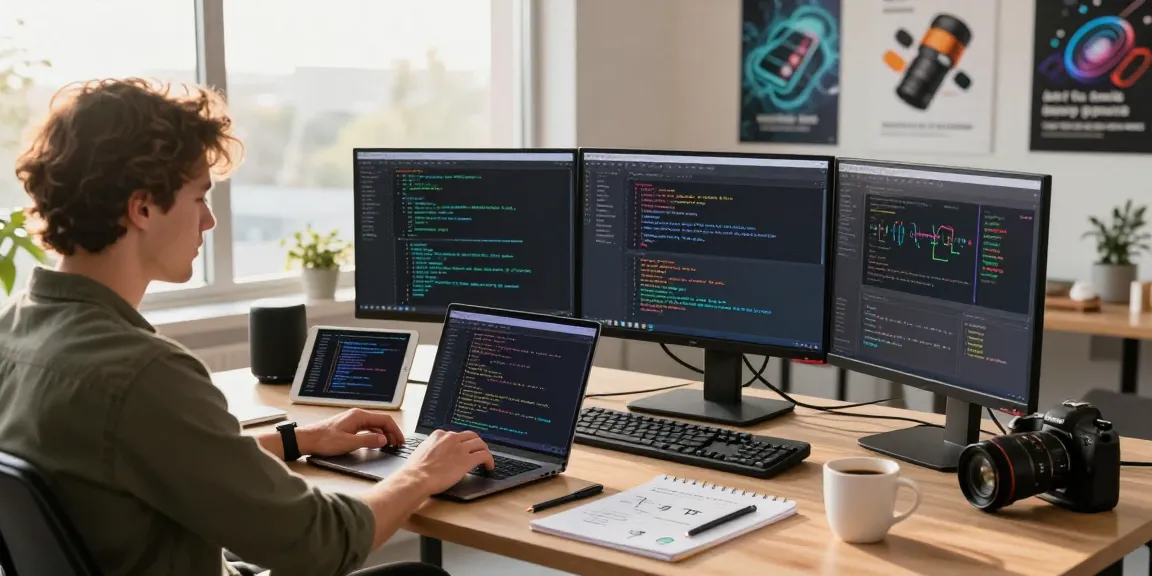 Developer immersed in coding using open claw skill in a vibrant tech workspace with laptops and screens displaying algorithms.
