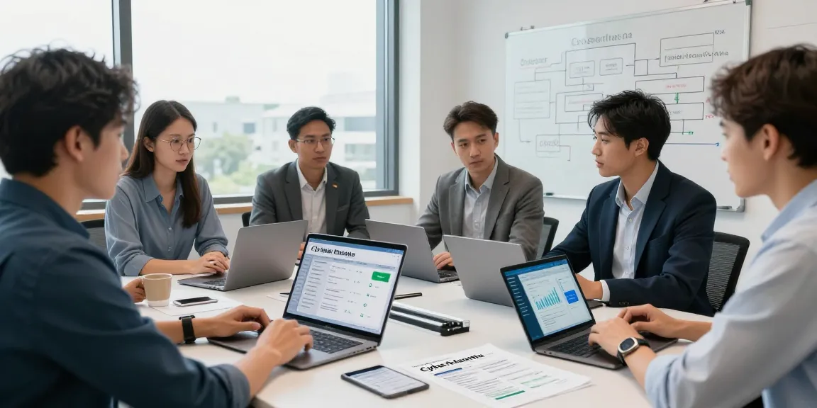 Team discussing how to get cyber essentials certified during a meeting with notebooks and laptops in a well-lit office.