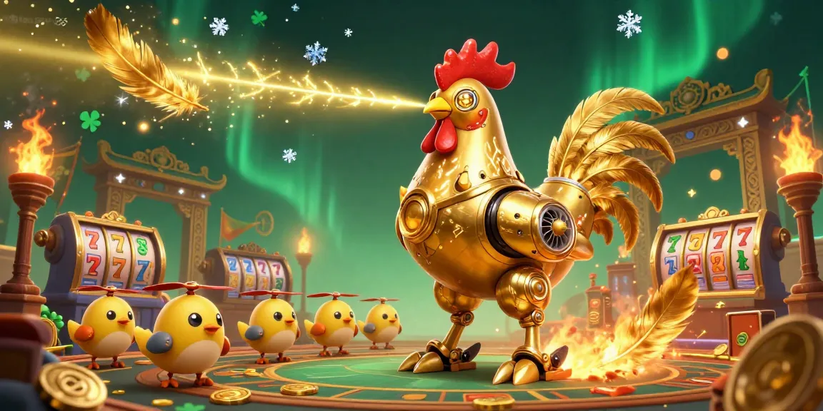 Engage with situs gacor casino through a vibrant 3D illustration featuring a golden rooster robot and charming chick drones in a rich gaming setting.