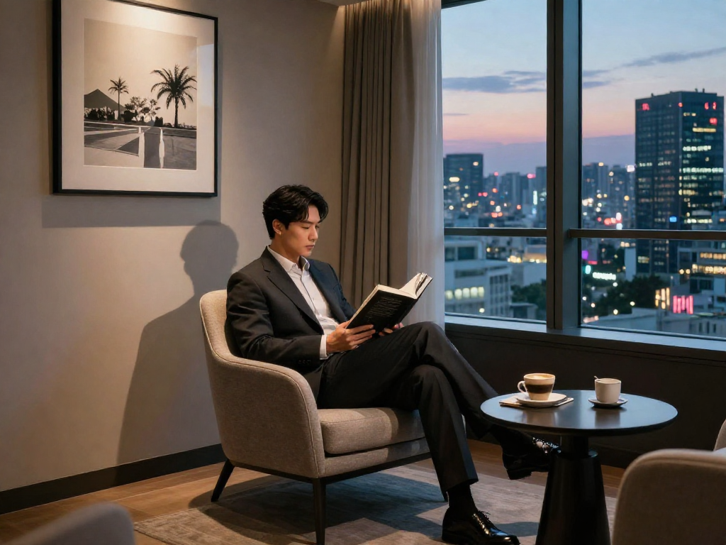 강남쩜오 멀리건에서 아늑한 분위기 속에서 독서를 즐기는 모습으로 쾌적한 공간과 고급스러운 인테리어를 강조합니다.
