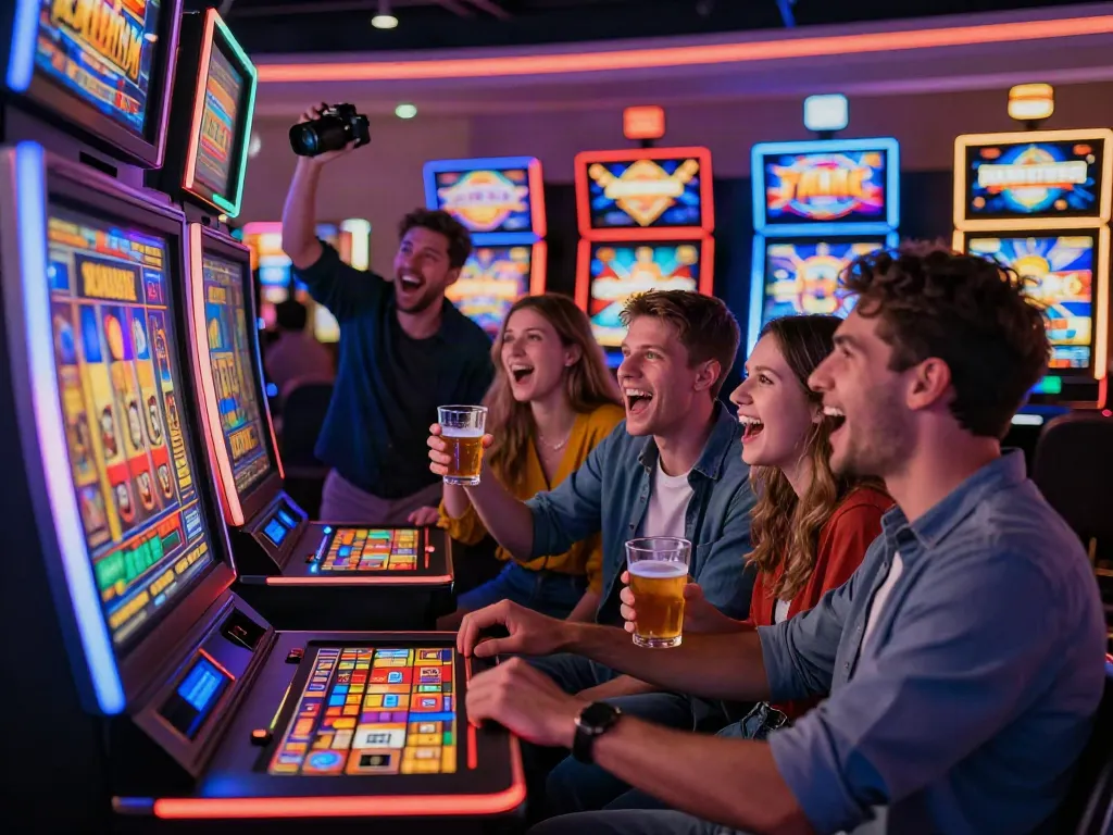 Slot777 yang menyenangkan, teman-teman bersorak di mesin slot di kasino.