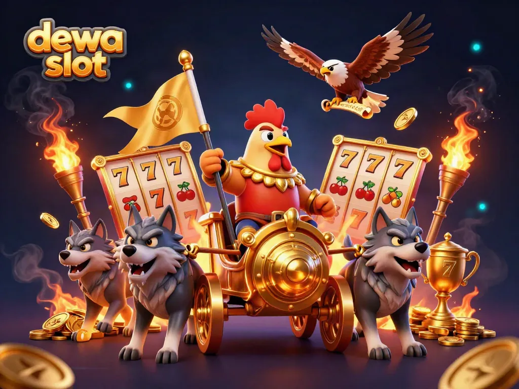Slot gacor dewa slot dengan petarung mengendarai kereta perang emas dan simbol keberuntungan