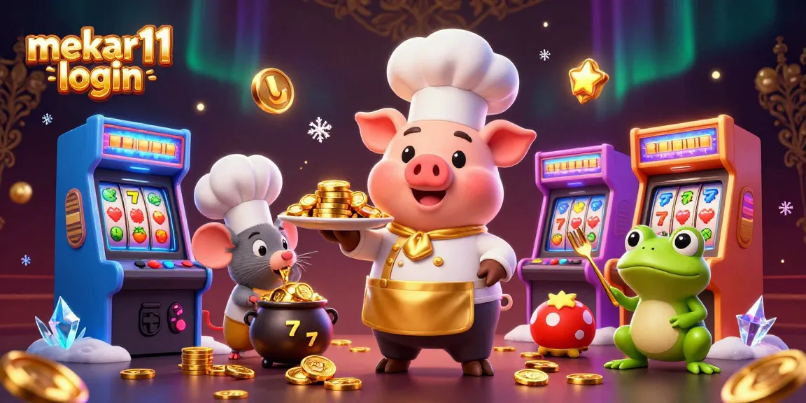 Win big with mekar11 login, featuring a chef pig, mouse, and frog in a vibrant online casino.