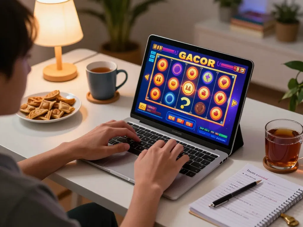 Player engaging with a slot gacor game on a tablet, suggesting responsible online gambling.