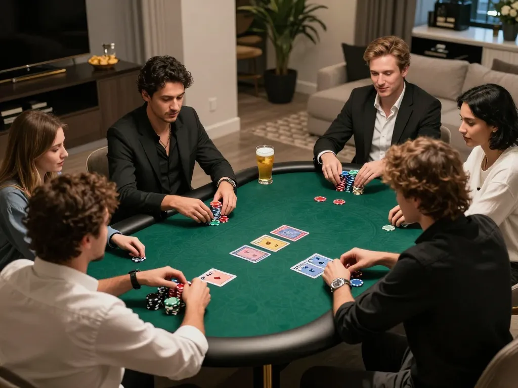 Players enjoying a poker night at home, focused on game strategies with rik vip cards visible.