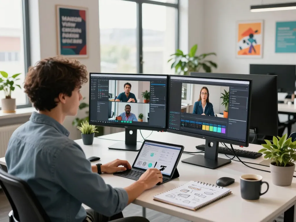 Professional analyzing video to promptgenerator software in a modern office