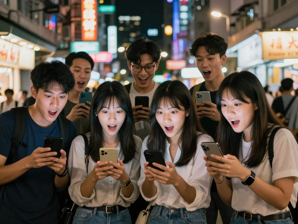 Friends enjoying HK lotto results in vibrant urban nightlife environment