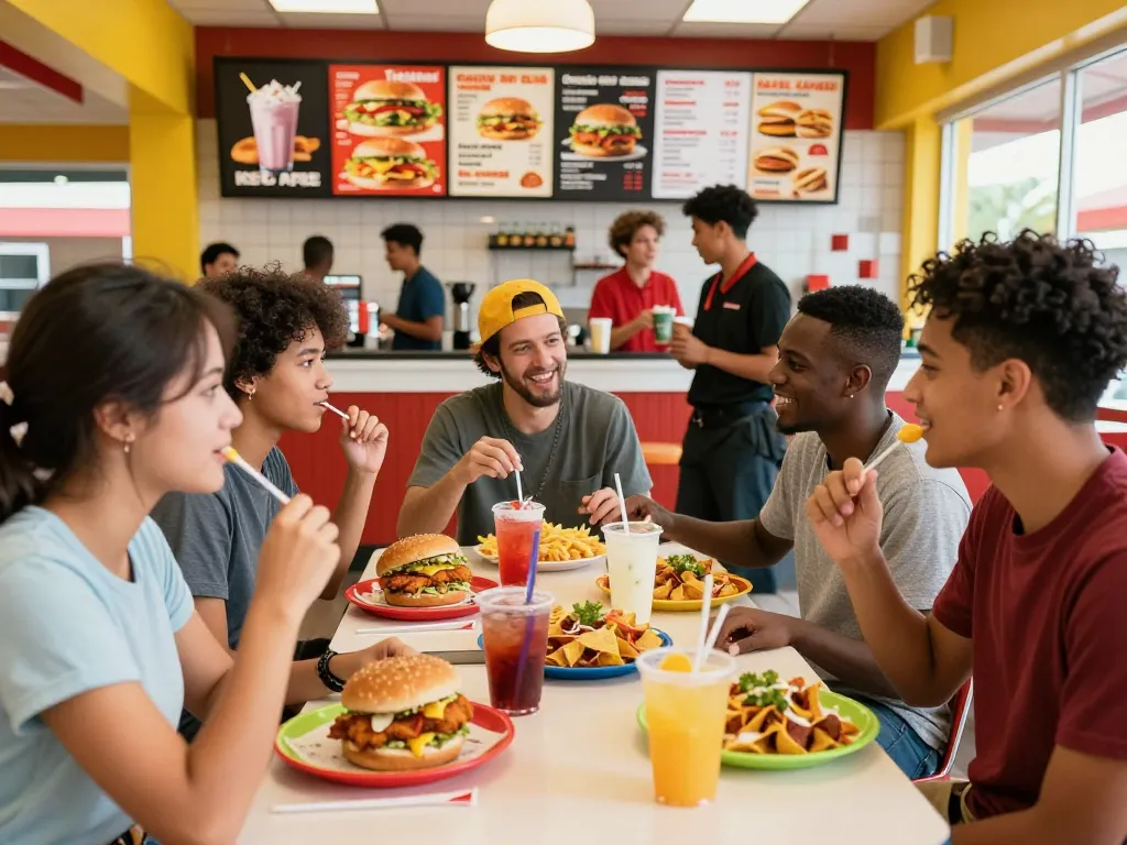 Enjoying a diverse fast food menu with friends in a lively diner atmosphere, showcasing colorful dishes and refreshing drinks.