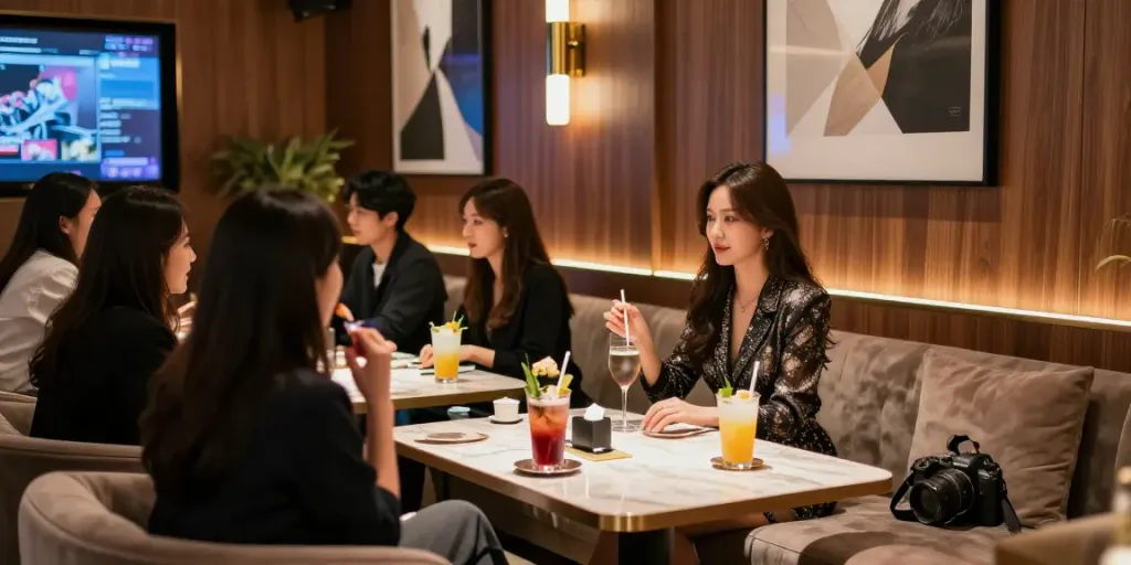 강남 타이밍의 고급스러운 유흥 공간에서 고객들이 즐거운 시간을 보내고 있습니다.