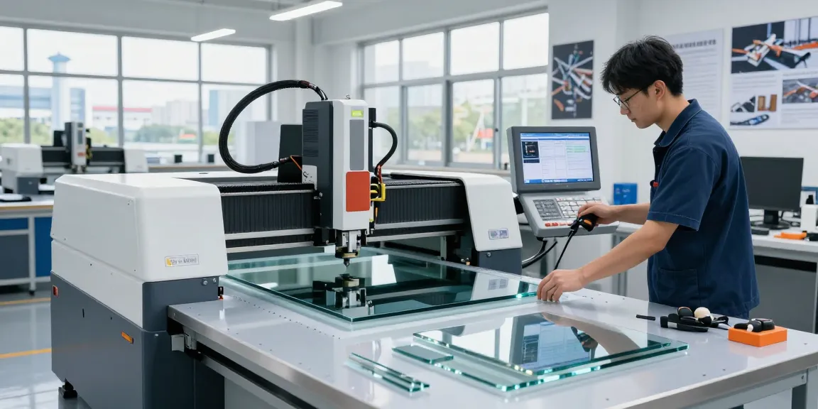 High-precision glass cutting machine CNC in operation with technician overseeing the process.
