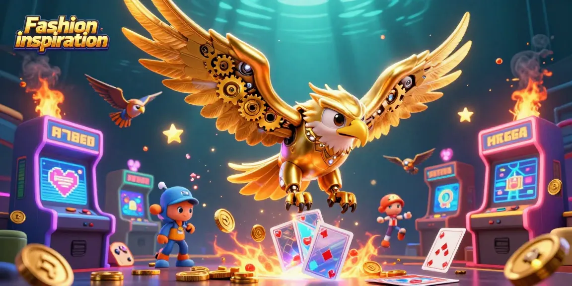 Engaging illustration showcasing Fashion inspiration with a golden eagle amidst holographic cards in a vibrant casino environment.
