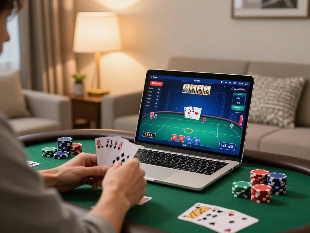 Engaging in an online poker game at vaobet, player analyzing cards in a cozy setting