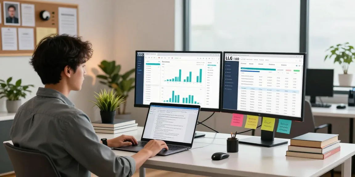 SEO expert analyzing LLG link indexing strategies in a modern workspace with analytics dashboards.
