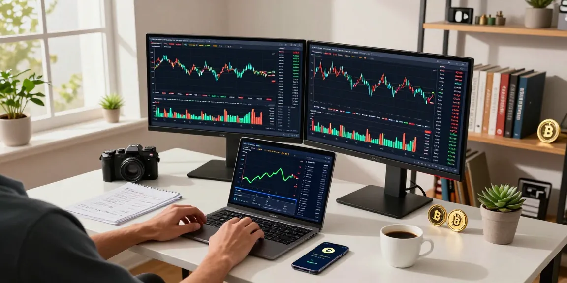 cloud mining crypto trading workspace with Bitcoin charts, laptop DeFi dashboard, and smartphone wallet in sleek office