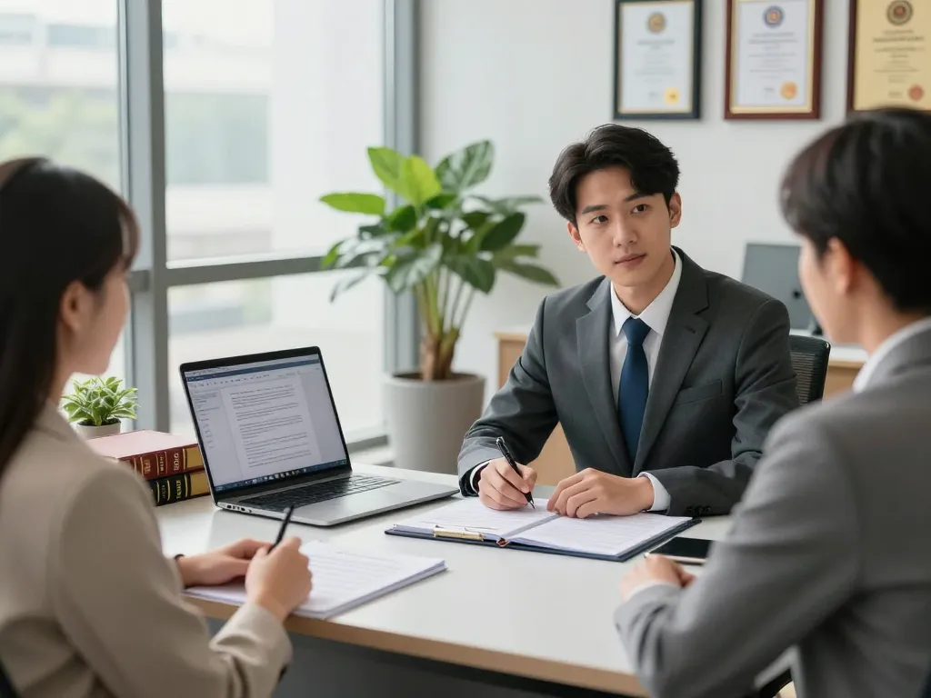 Client receiving legal representation USA advice in a modern attorney office.