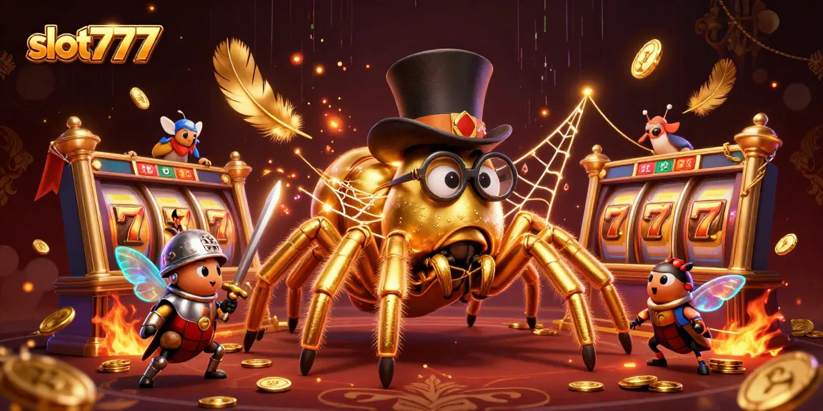 Win big with slot777 in this vibrant casino scene featuring golden tarantulas and beetle knights.