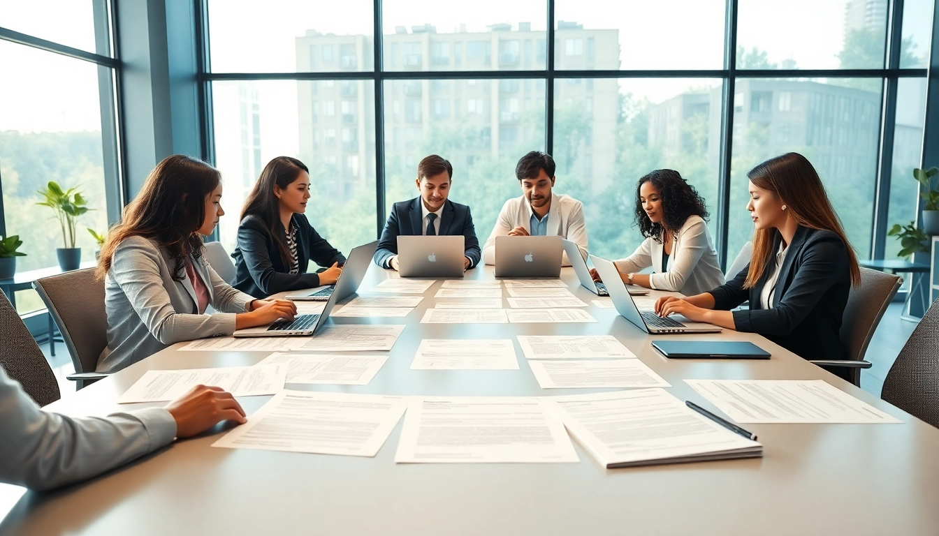 Team collaborating on contracts and grants in a bright, modern office setting.