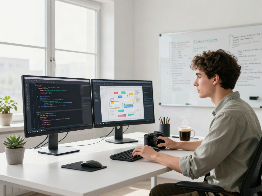 Developer coding in modern workspace with bro138 integration, multiple screens showing projects and innovative atmosphere.