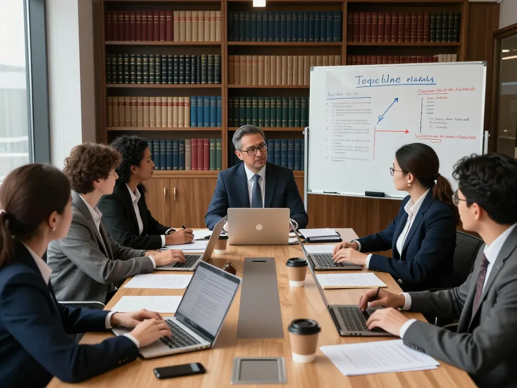 Collaborative meeting among USA lawyers in a modern law office.